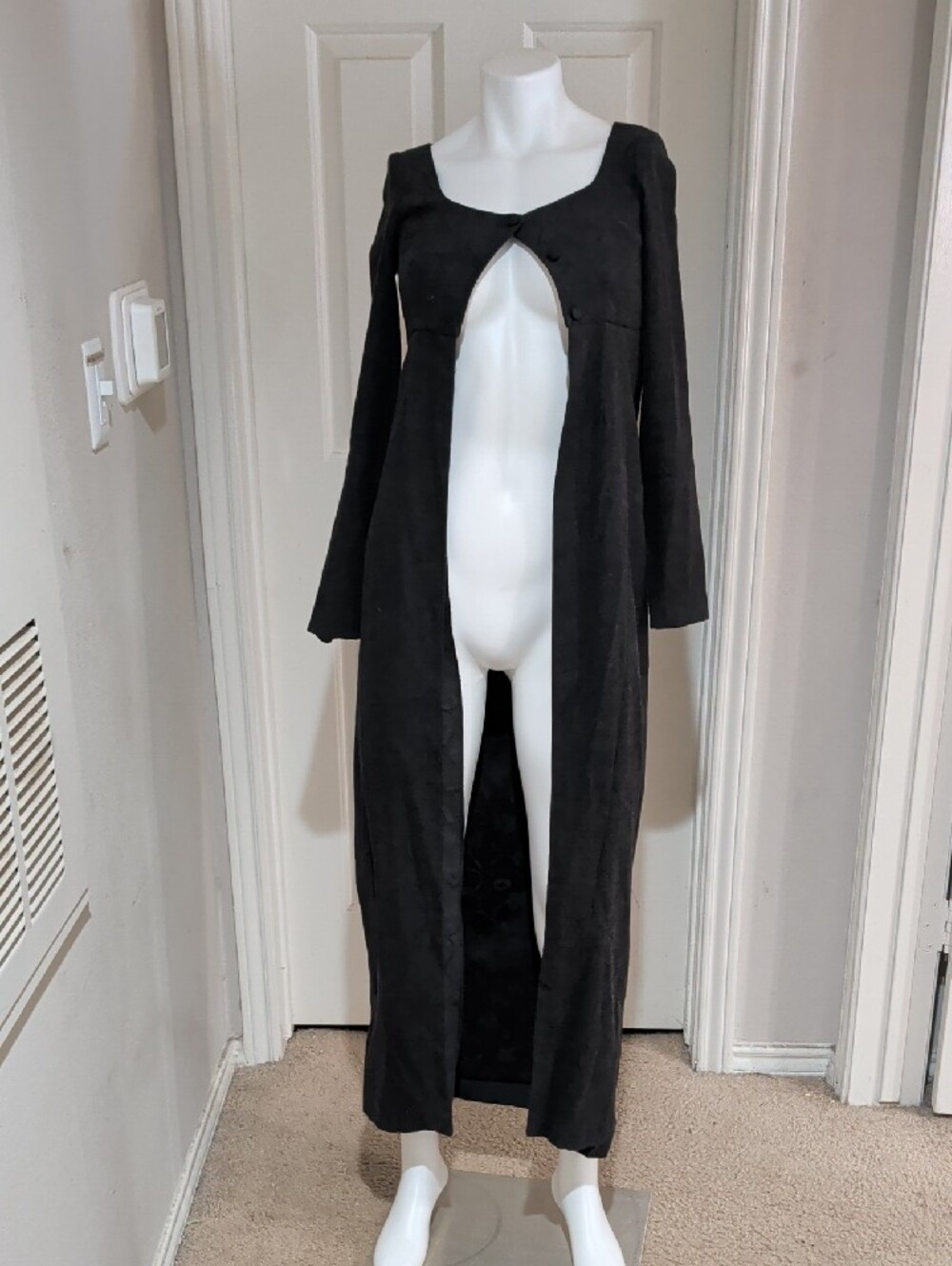 Tritan & Iseut Black Long-Sleeve Textured Maxi Duster Coat w Button Bodice 1/XXS